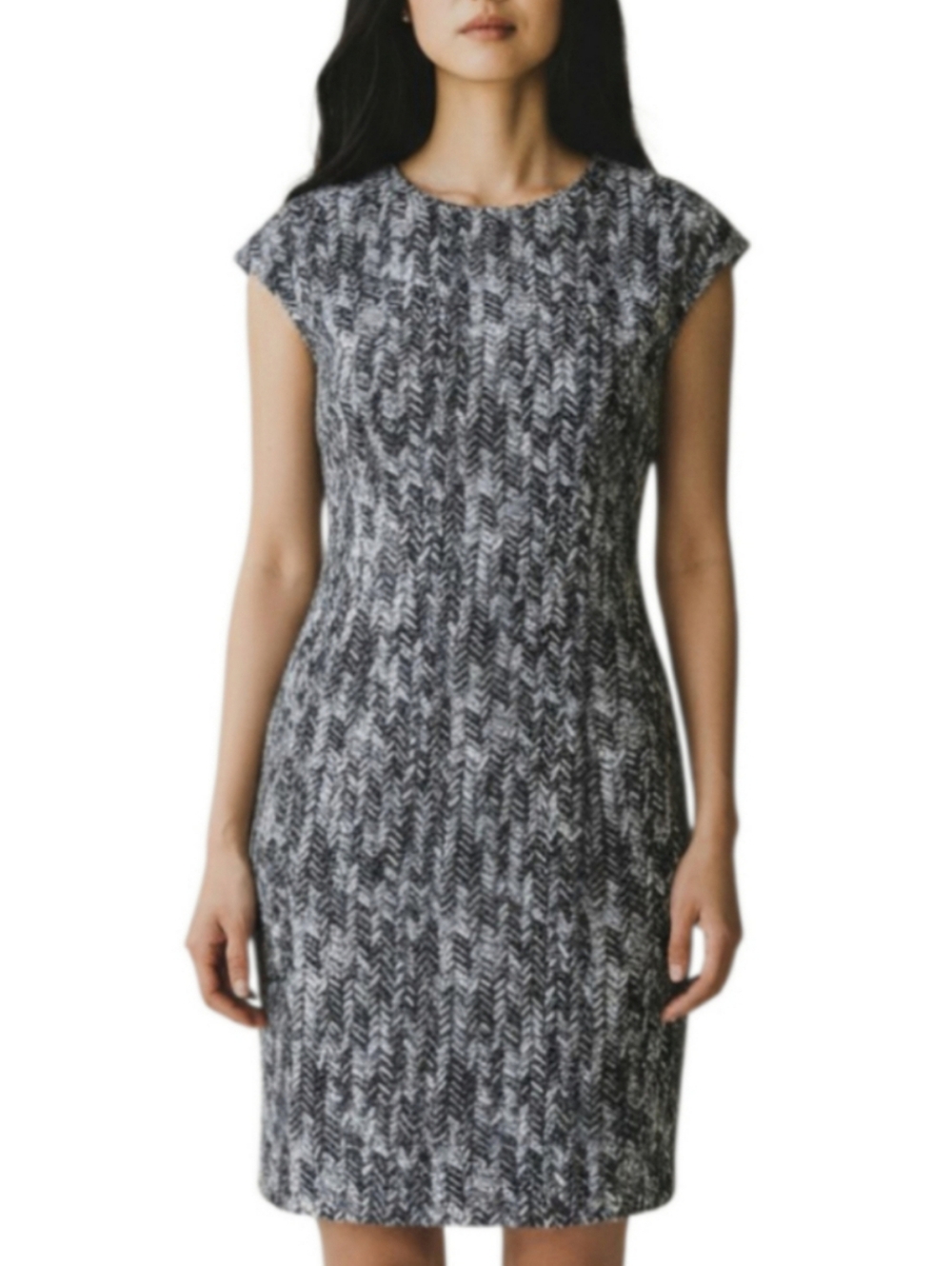 ESCADA Silk Sheath Dress Size 8 Granite Herringbone Quiet Luxury Office Cocktail